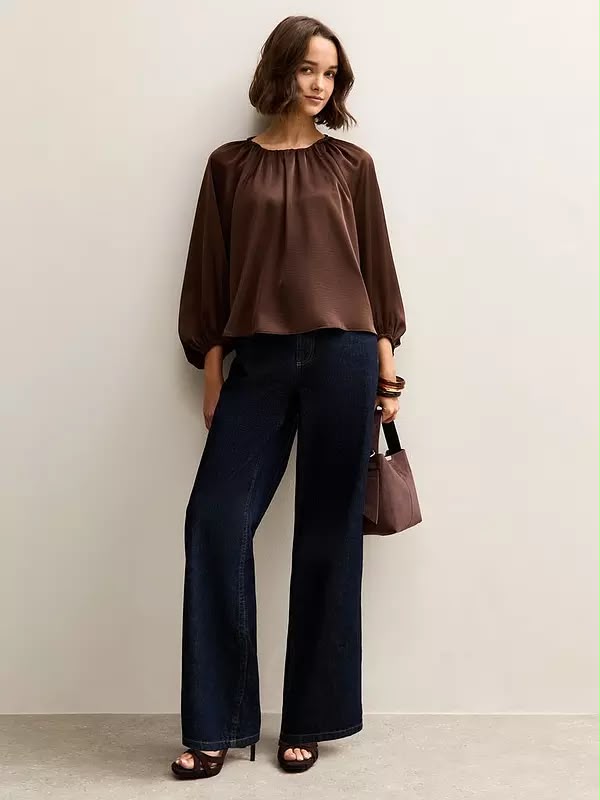 Brown Satin Gathered Crop Sleeve Blouse