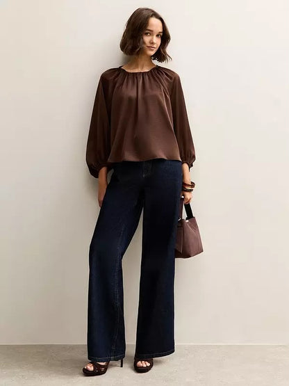 Brown Satin Gathered Crop Sleeve Blouse