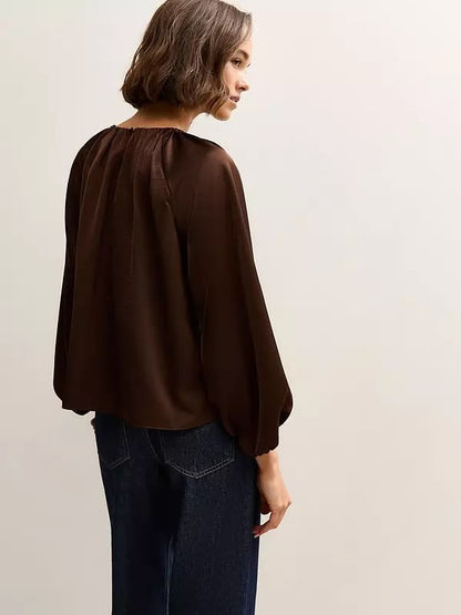 Brown Satin Gathered Crop Sleeve Blouse