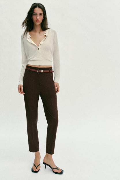 Zara Mid Waist Cropped Trouser With Belt