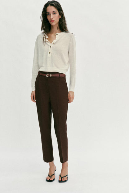 Zara Mid Waist Cropped Trouser With Belt