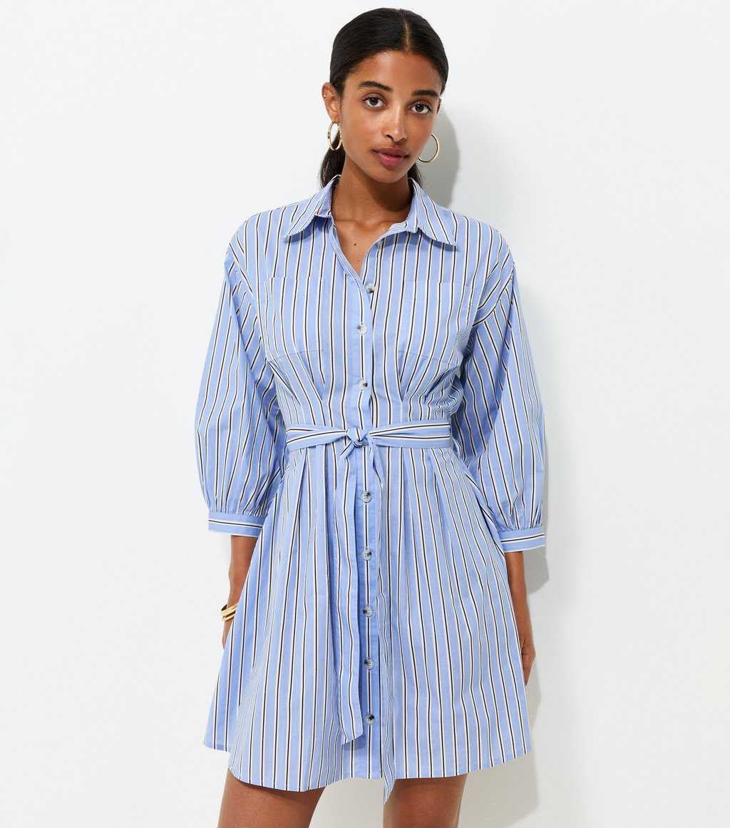 Blue Striped Puff Sleeve Mini Shirt Dress