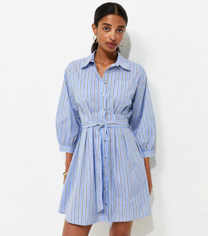Blue Striped Puff Sleeve Mini Shirt Dress