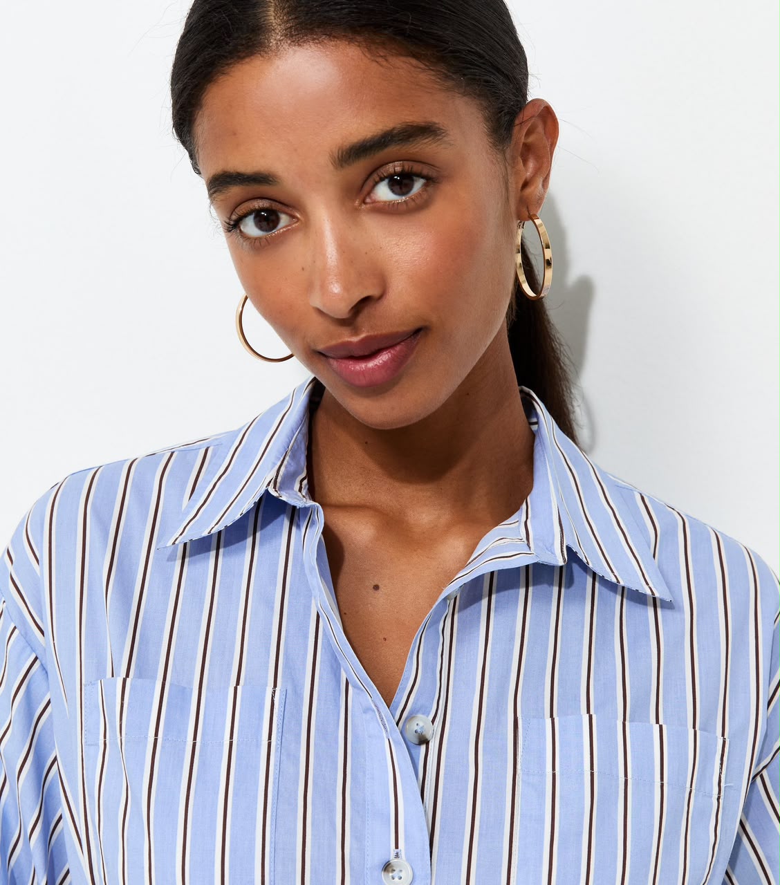 Blue Striped Puff Sleeve Mini Shirt Dress
