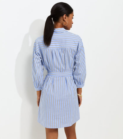 Blue Striped Puff Sleeve Mini Shirt Dress