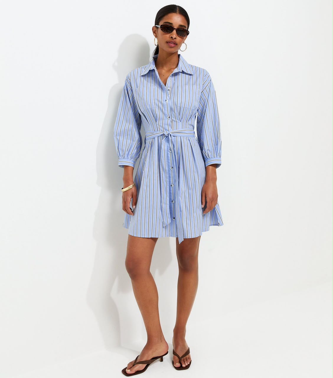 Blue Striped Puff Sleeve Mini Shirt Dress