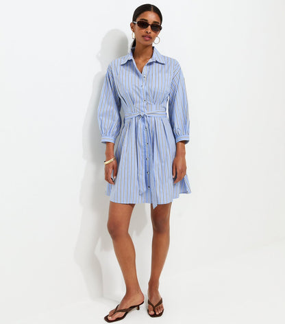 Blue Striped Puff Sleeve Mini Shirt Dress