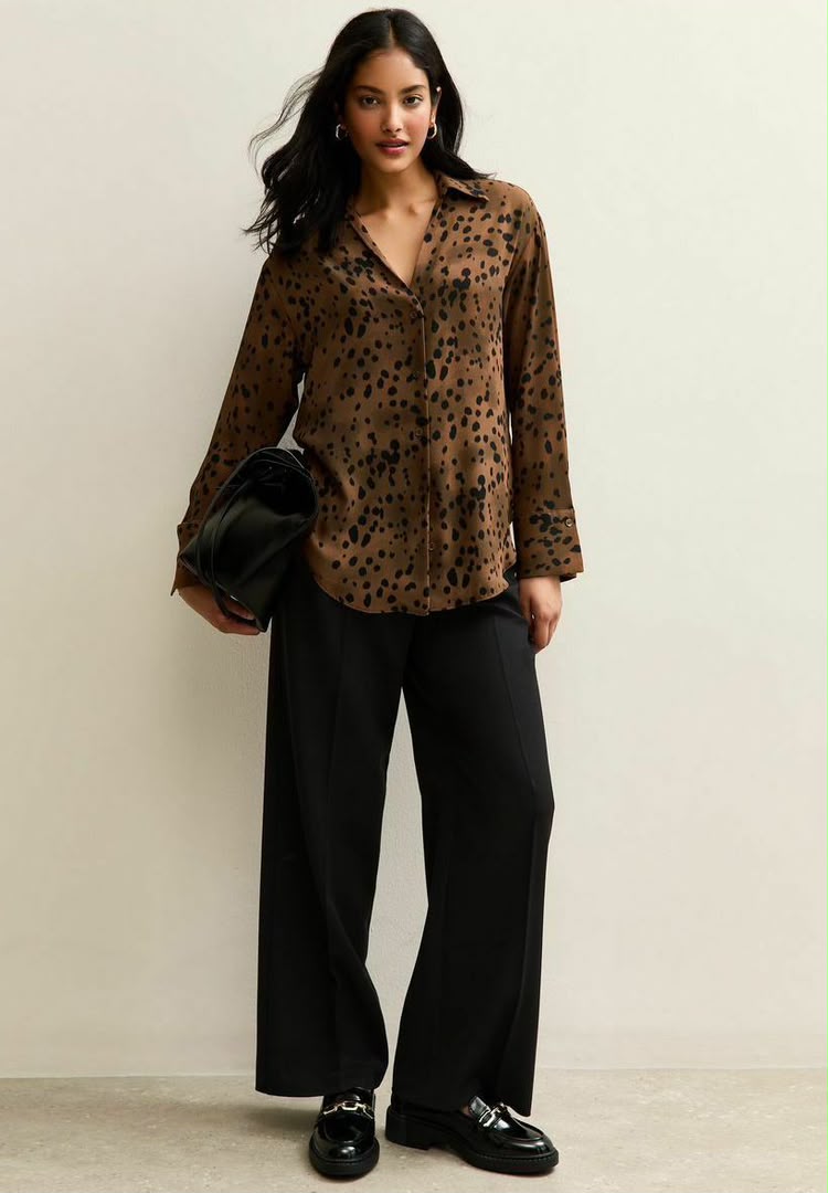 Petite Brown Spotty Open Collar Shirt