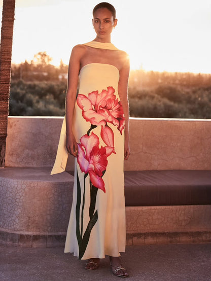 Yellow Floral Scarf Detail Bandeau Dress
