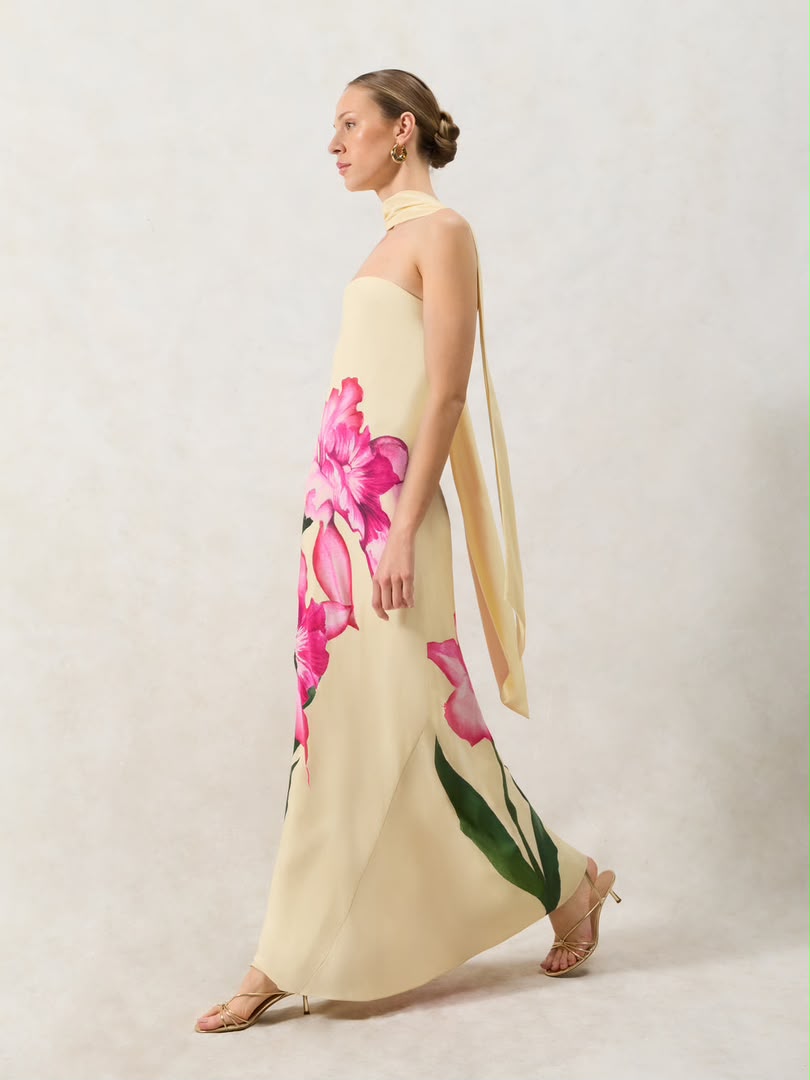 Yellow Floral Scarf Detail Bandeau Dress