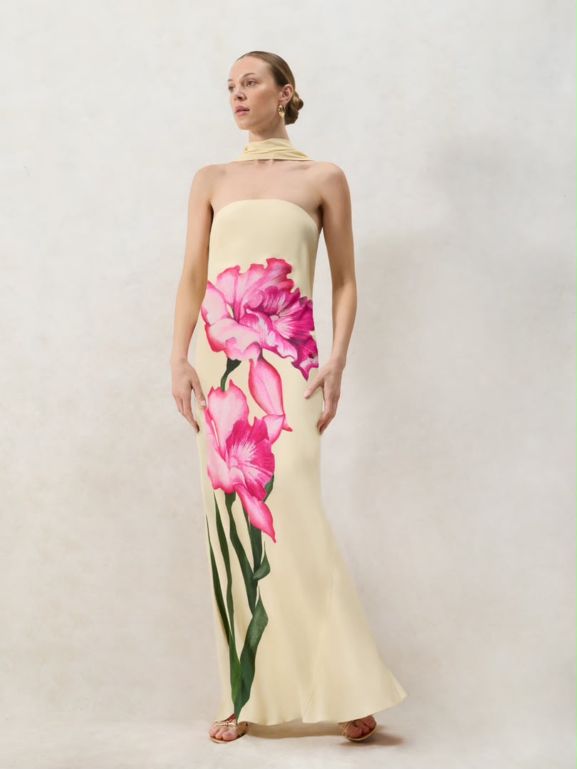Yellow Floral Scarf Detail Bandeau Dress