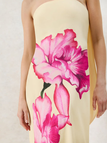 Yellow Floral Scarf Detail Bandeau Dress