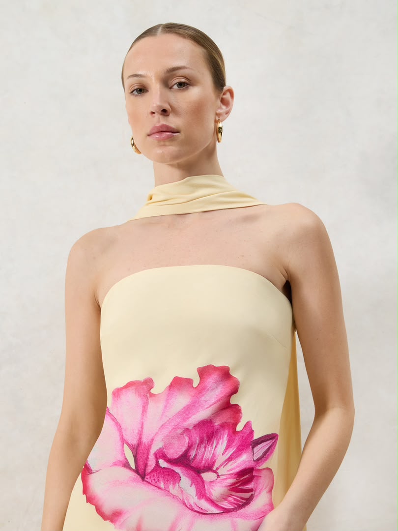 Yellow Floral Scarf Detail Bandeau Dress