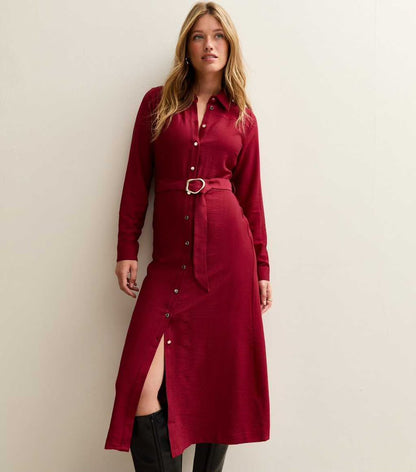 Red Button Up Belted Midi Shirt Dress