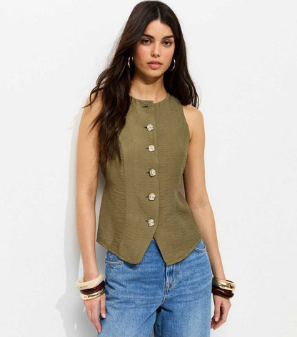 Khaki Gold Tone Textured Button Waistcoat