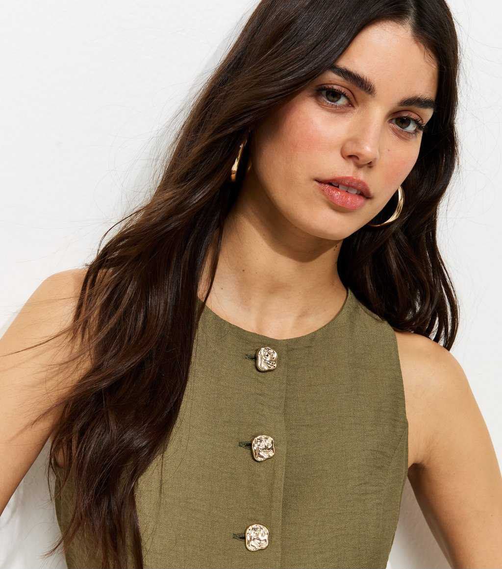 Khaki Gold Tone Textured Button Waistcoat