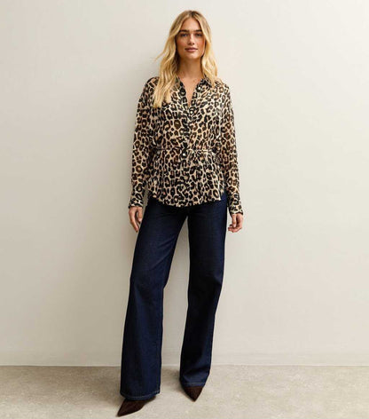 Brown Animal Print Tie Belt Shirt