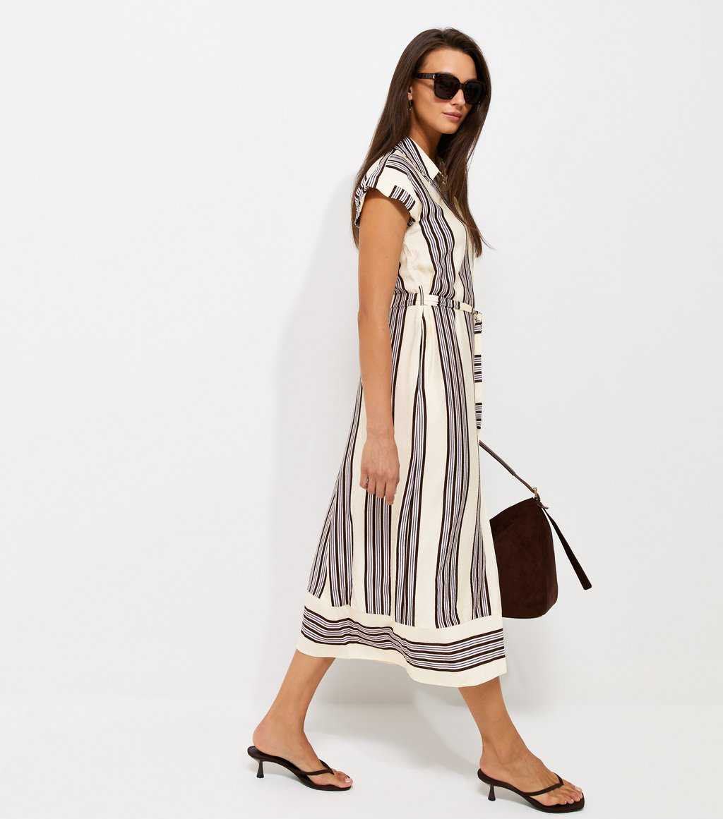 White Striped Short Sleeve Midi Shirt Dress