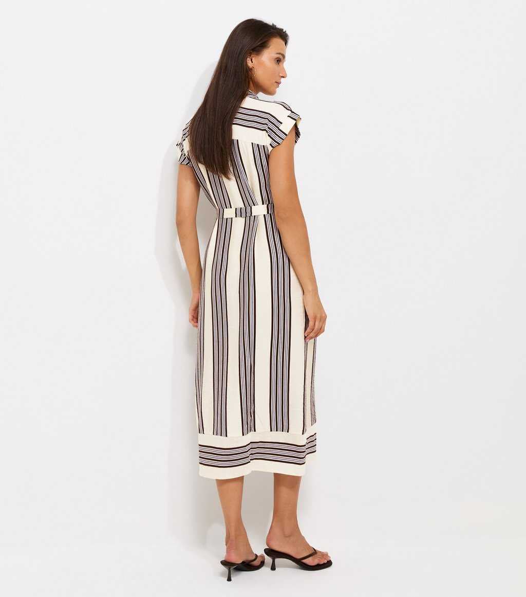 White Striped Short Sleeve Midi Shirt Dress
