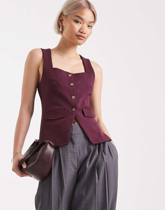 Square Neck Button Through Sleeveless Top
