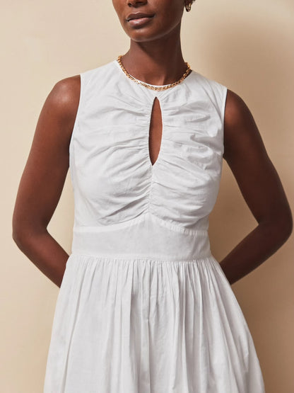 White Cotton Voile Keyhole Front Midi Dress