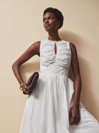 White Cotton Voile Keyhole Front Midi Dress