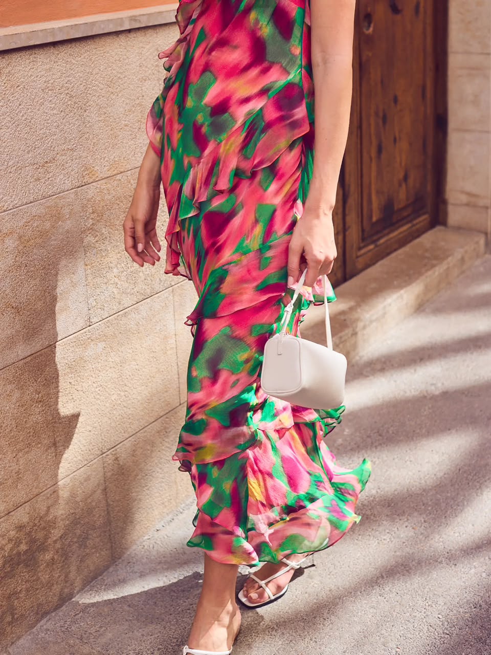 Layla Pink Blurred Floral Ruffle Dress