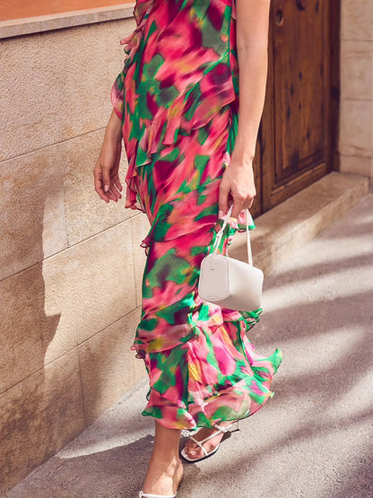 Layla Pink Blurred Floral Ruffle Dress