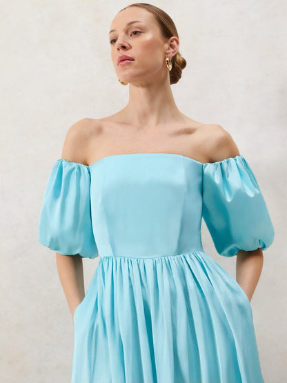 Alba Blue Bardot Puff Sleeve Maxi Dress