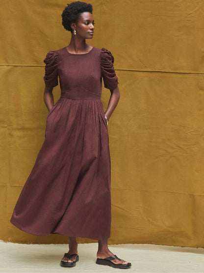 Brown Cotton Puff Sleeve Midi Dress