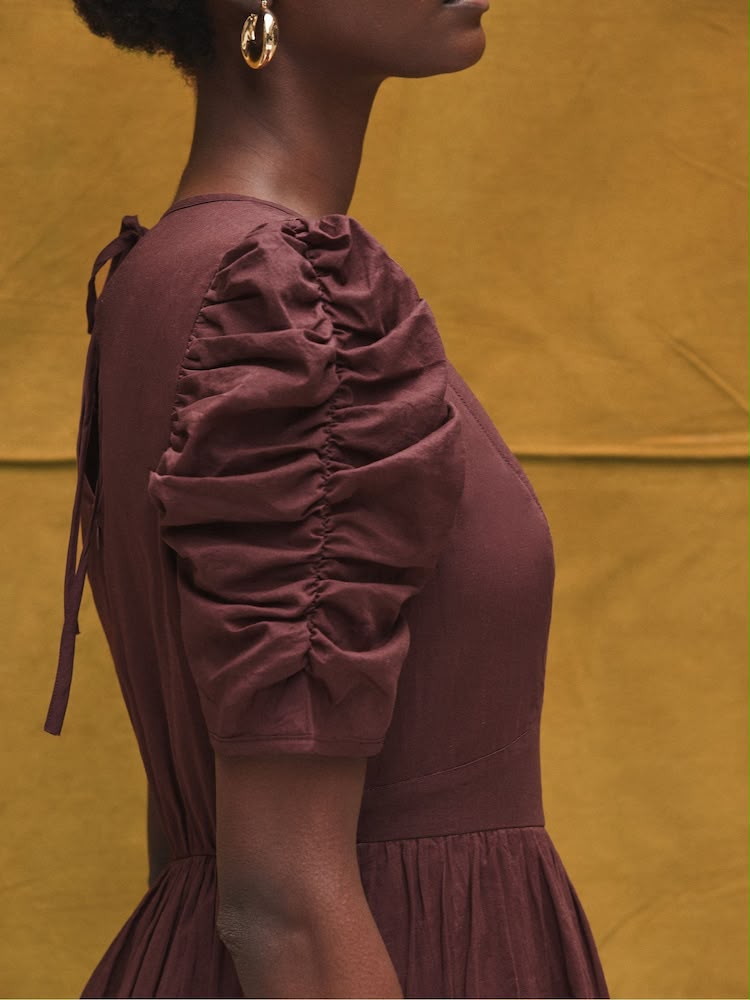 Brown Cotton Puff Sleeve Midi Dress