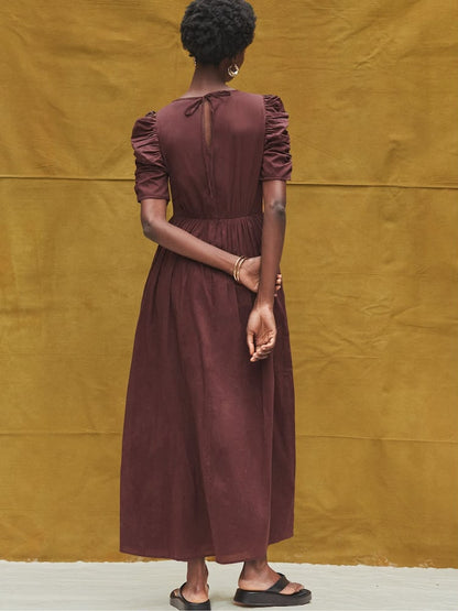 Brown Cotton Puff Sleeve Midi Dress