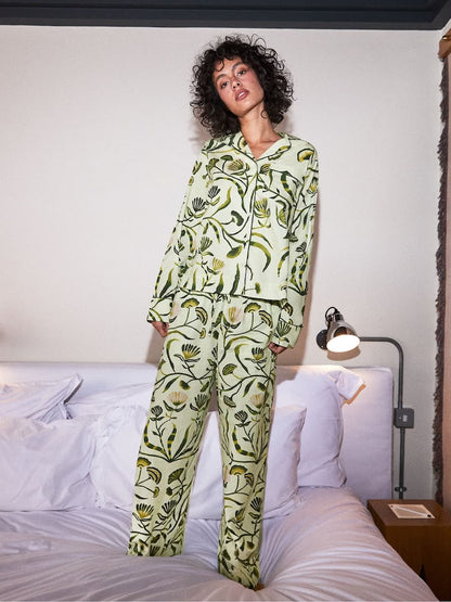 Green Floral Print Long Pjamas Set With Eye Mask