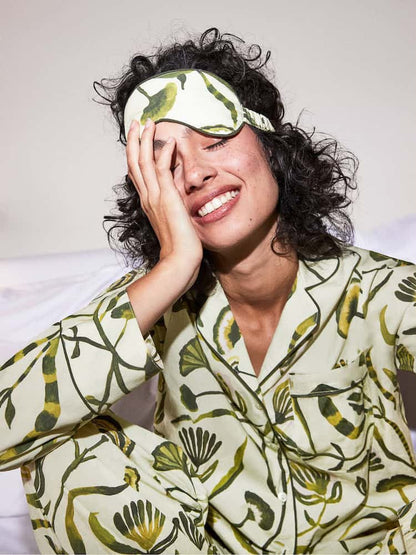 Green Floral Print Long Pjamas Set With Eye Mask