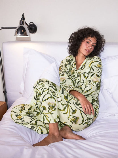 Green Floral Print Long Pjamas Set With Eye Mask