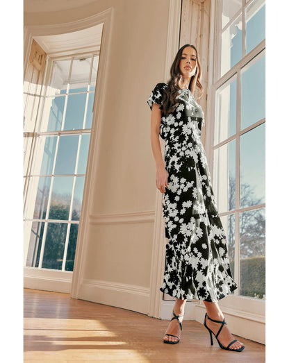 Harper Mono Floral Flutter Sleeve Midaxi Dress