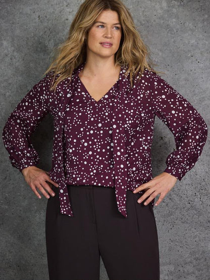 Curve Spot Print Neck Tie Blouse