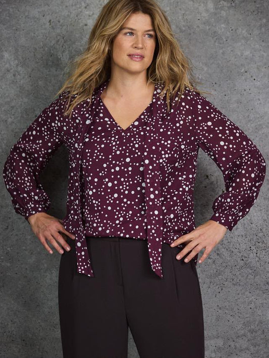 Curve Spot Print Neck Tie Blouse