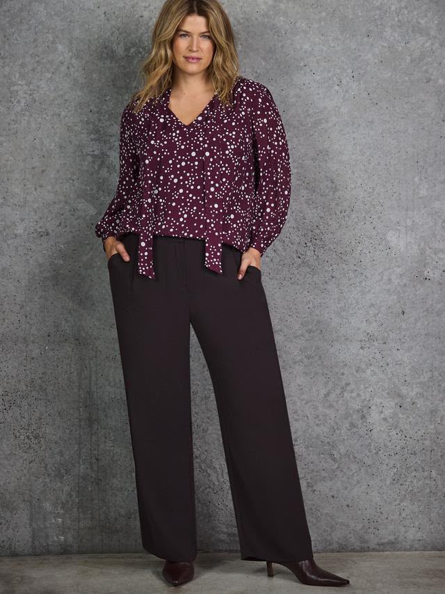 Curve Spot Print Neck Tie Blouse