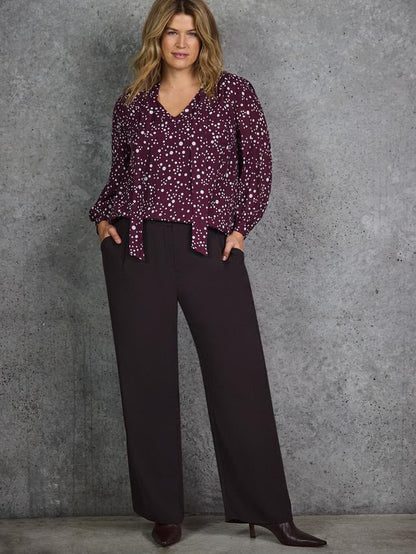 Curve Spot Print Neck Tie Blouse
