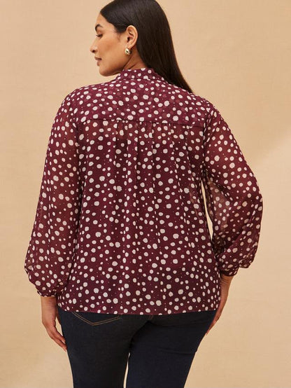 Curve Spot Print Neck Tie Blouse