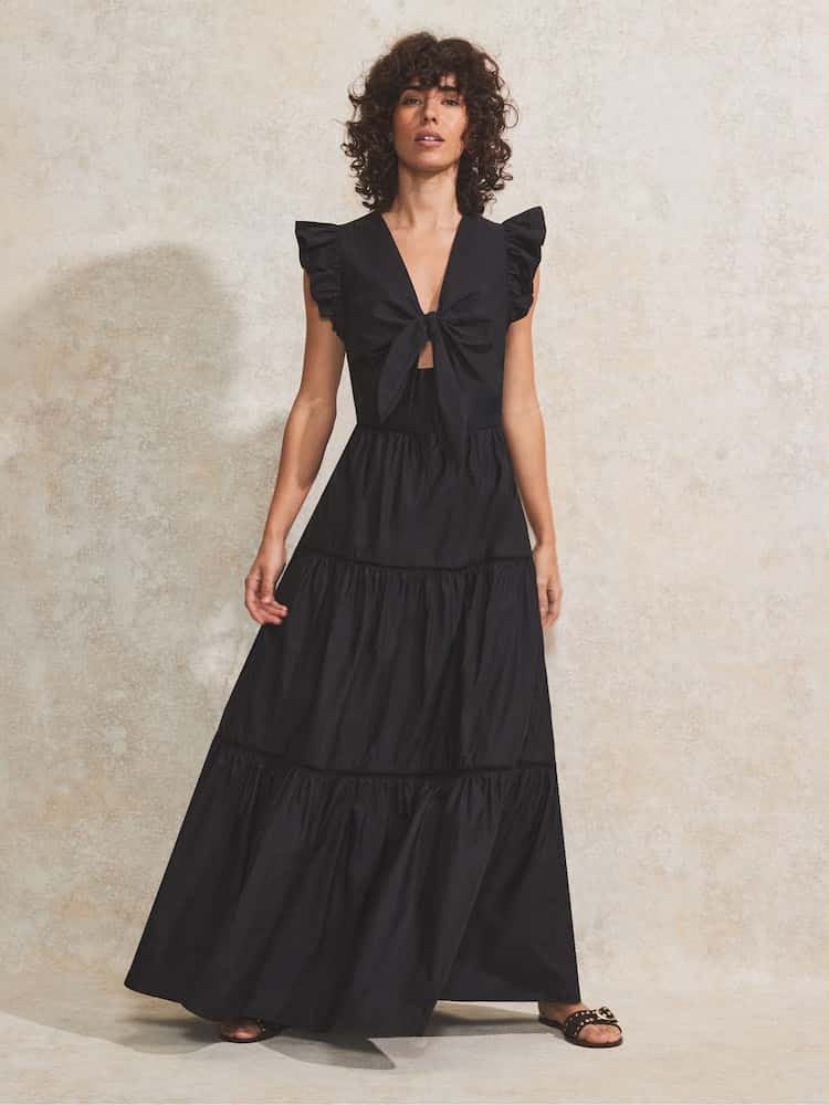 Black Cotton Poplin Tiered Dress