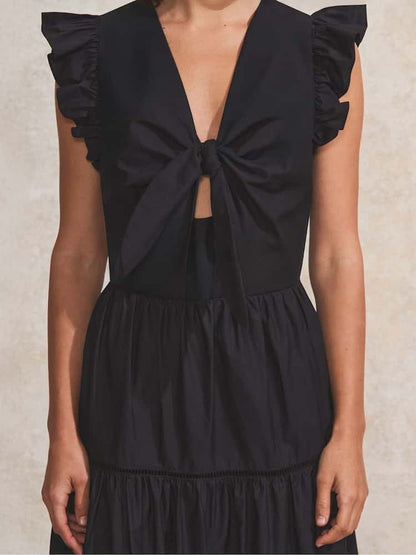 Black Cotton Poplin Tiered Dress
