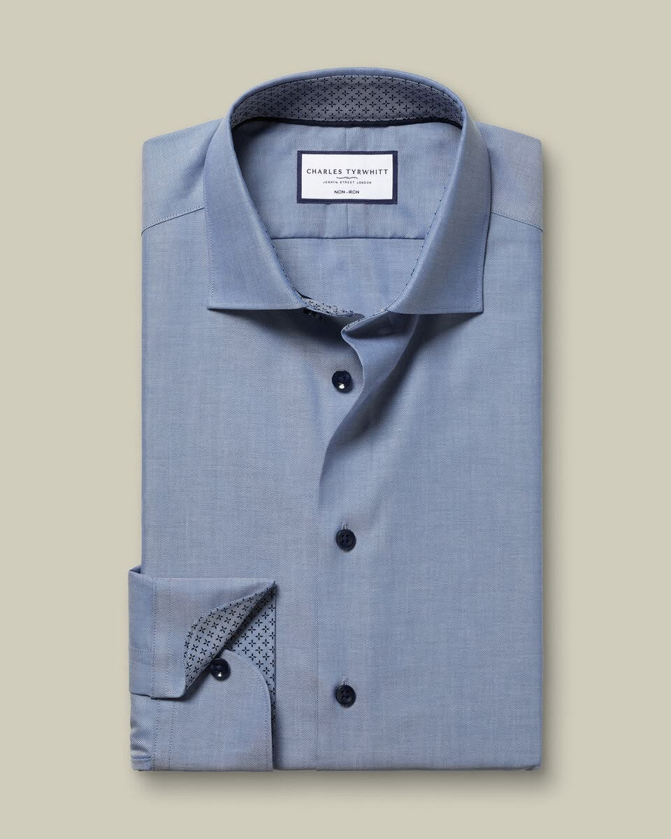 Semi-Cutaway Collar Non-Iron Stretch Printed Trim Slim Fit Shirt - Steel Blue