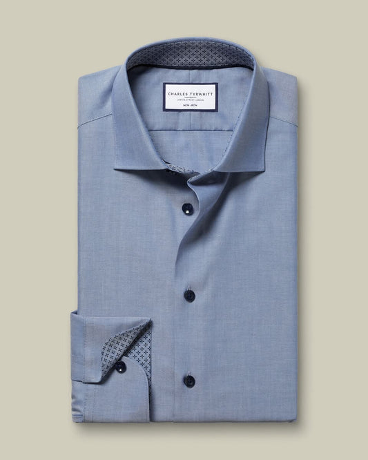 Semi-Cutaway Collar Non-Iron Stretch Printed Trim Slim Fit Shirt - Steel Blue