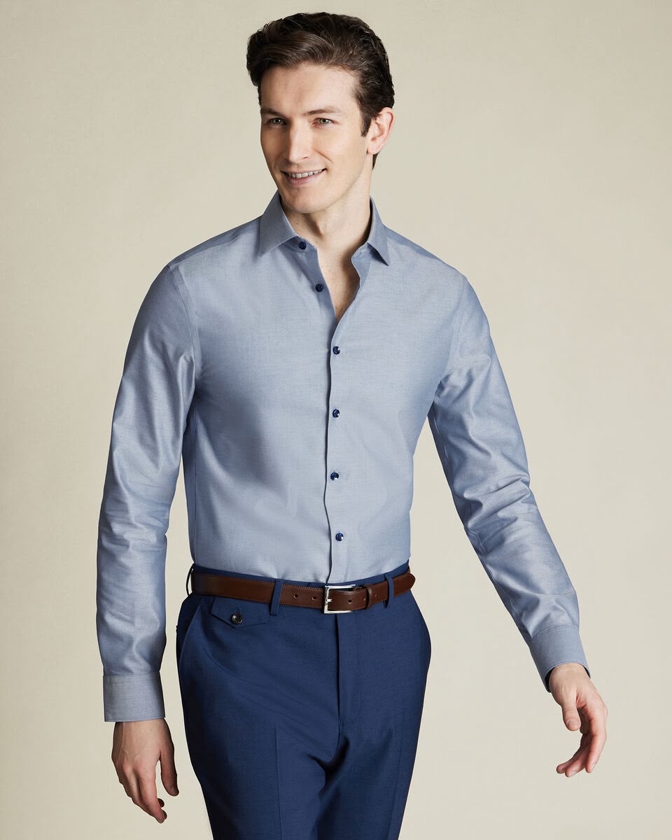 Semi-Cutaway Collar Non-Iron Stretch Printed Trim Slim Fit Shirt - Steel Blue