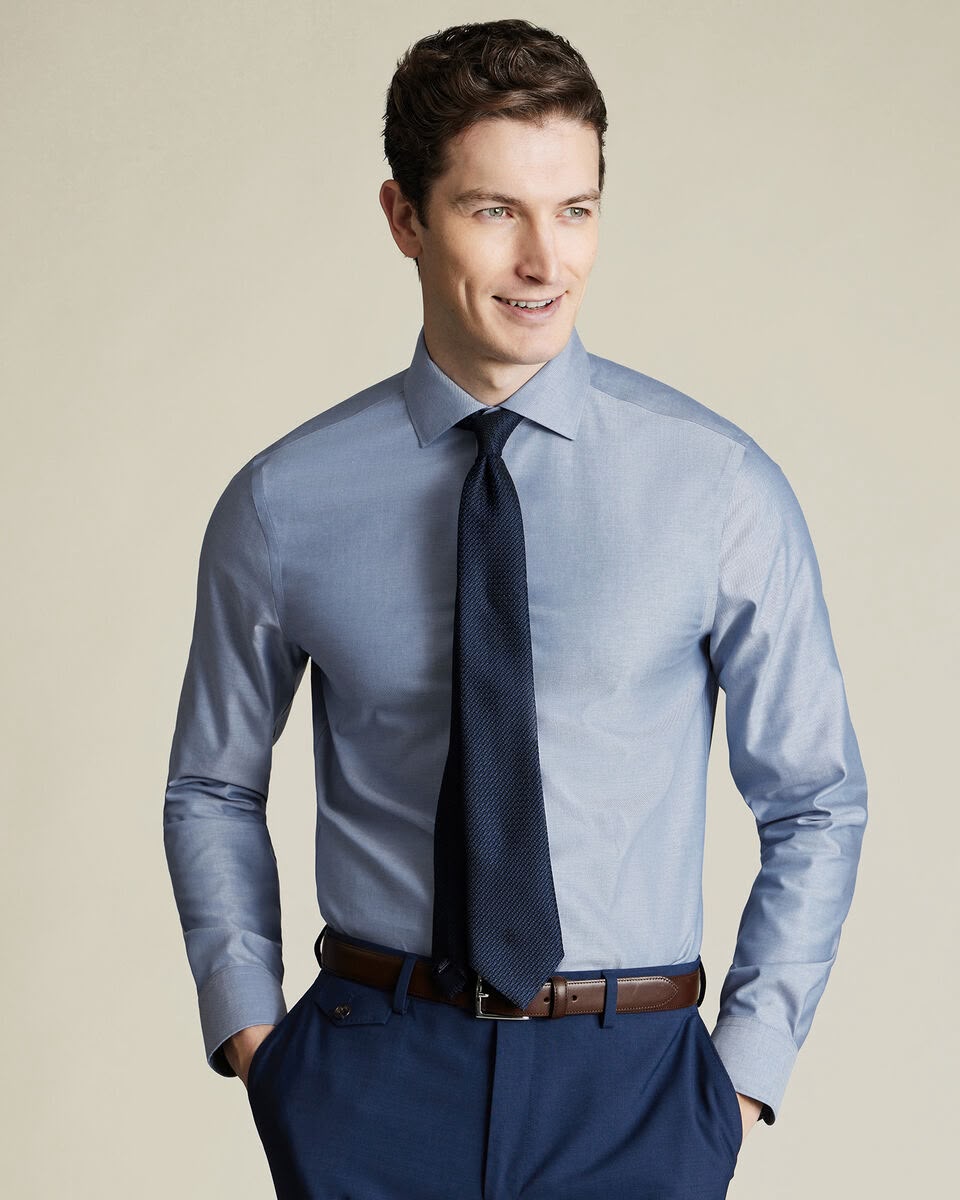 Semi-Cutaway Collar Non-Iron Stretch Printed Trim Slim Fit Shirt - Steel Blue