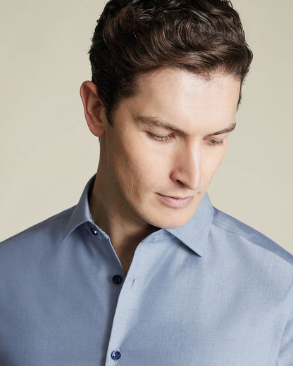 Semi-Cutaway Collar Non-Iron Stretch Printed Trim Slim Fit Shirt - Steel Blue