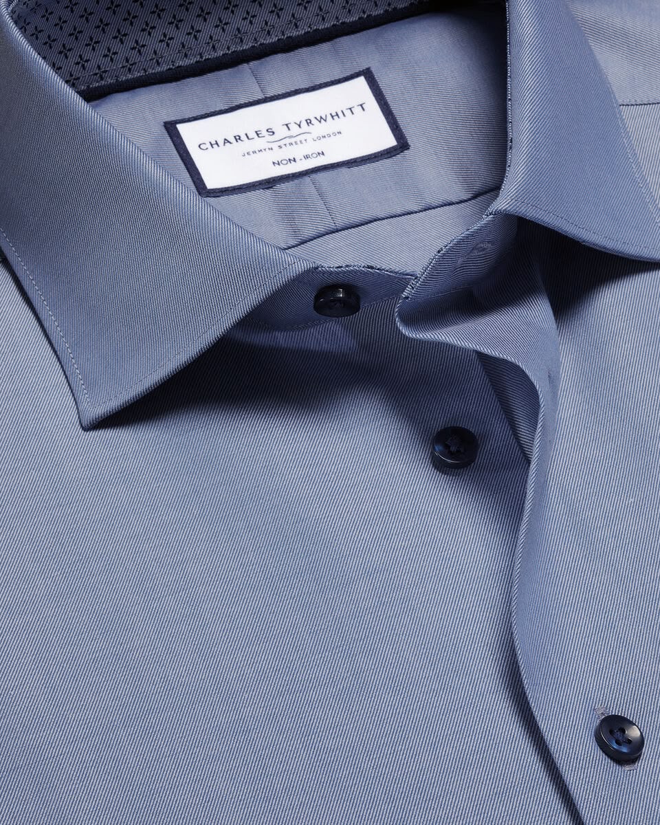 Semi-Cutaway Collar Non-Iron Stretch Printed Trim Slim Fit Shirt - Steel Blue