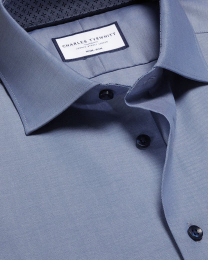 Semi-Cutaway Collar Non-Iron Stretch Printed Trim Slim Fit Shirt - Steel Blue